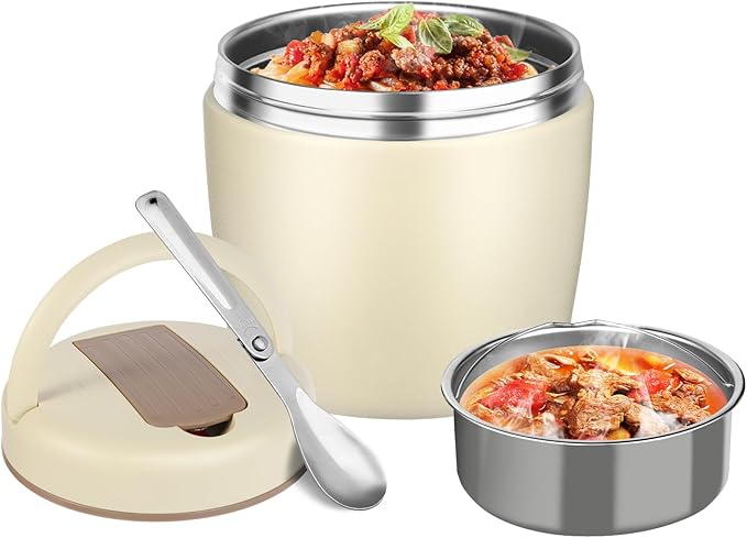 Thermo for Hot Food 32oz, Vacuum Insulated Food Jar for Adults, Stainless Steel Soup Thermo Wide Mouth Leakproof Lunch Containers with Spoon for School Office, Beige