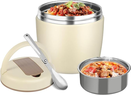 Thermo for Hot Food 32oz, Vacuum Insulated Food Jar for Adults, Stainless Steel Soup Thermo Wide Mouth Leakproof Lunch Containers with Spoon for School Office, Beige