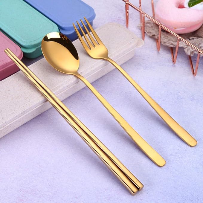 AARAINBOW 6 Pieces 18/8 Stainless Steel Flatware Set Portable Reusable Cutlery Set Travel Utensils Set Including Chopsticks Knife Fork Spoon Straws Cleaning Brush Dishwasher Safe (Golden)