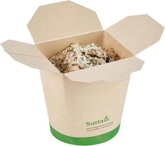 Restaurantware Sustain 32 Ounce Sturdy Paper Take Out Boxes, 200 Disposable Take Out Food Containers - With PLA lining, Compostable, Bamboo Paper Containers, Built-In Tab-Lock Cover, Greaseproof