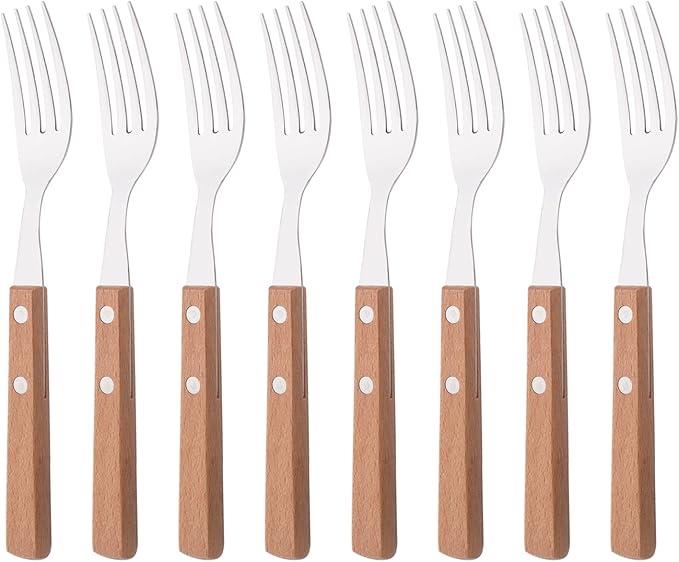 Dinner Forks Set of 8, Uniturcky 304 Stainless Steel Silverware Forks, Table Forks Salad Forks Set, Mirror Polishing Dinner Fork with Wooden Handle, 7.9 Inches