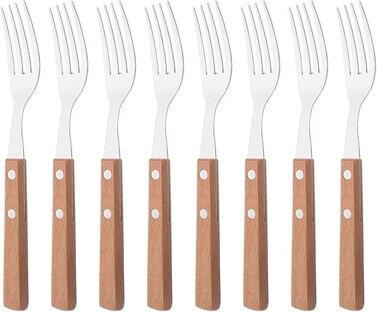 Dinner Forks Set of 8, Uniturcky 304 Stainless Steel Silverware Forks, Table Forks Salad Forks Set, Mirror Polishing Dinner Fork with Wooden Handle, 7.9 Inches
