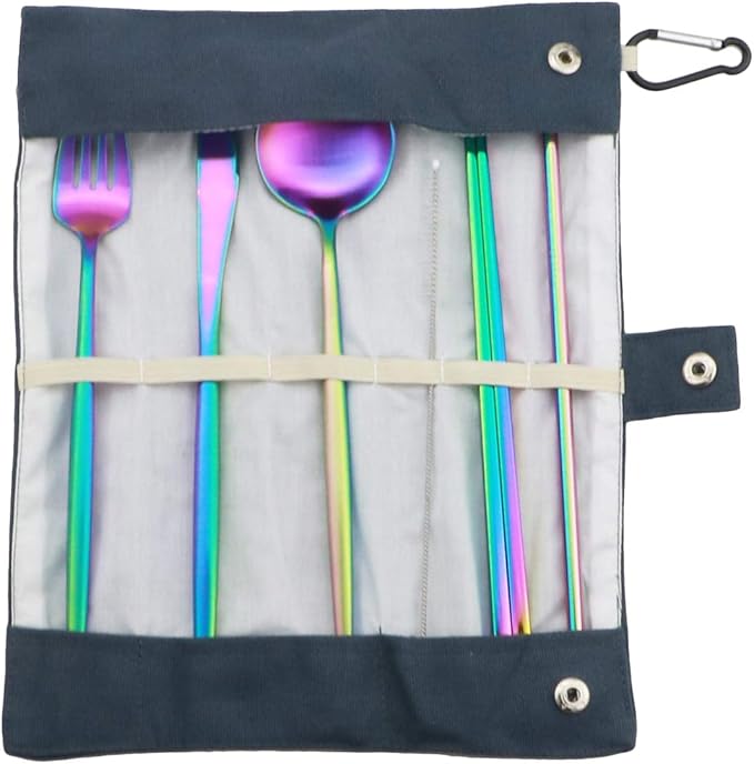 Reusable Travel Utensils, 7 Piece Portable 304 Stainless Steel including Knife Fork Spoon Chopsticks Cleaning Brush Straws Portable Pouch, Eco-friendly Camping Silverware Set, Dishwasher Safe