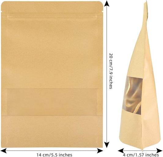100 Pcs Kraft Stand Up Pouches 5.5 x 7.9 Inch Resealable Zip Lock Food Storage Bags with Matte Window for Packaging