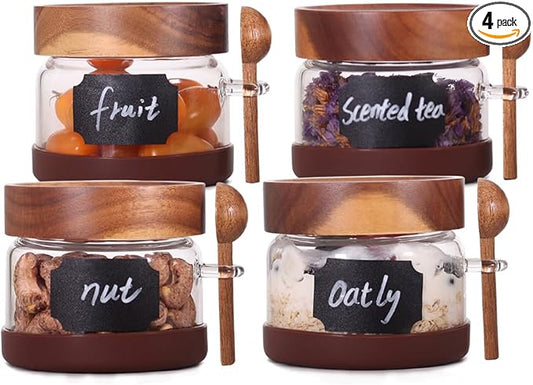 SAIOOL High Bprosilicate Glass 4 Pack Spice Jars with Label and Spoons,Overnight Oats Containers with Acacia Airtight Lids,Glass Food Storage Jars, Coffee Bar (Acacia 12 OZ*4)
