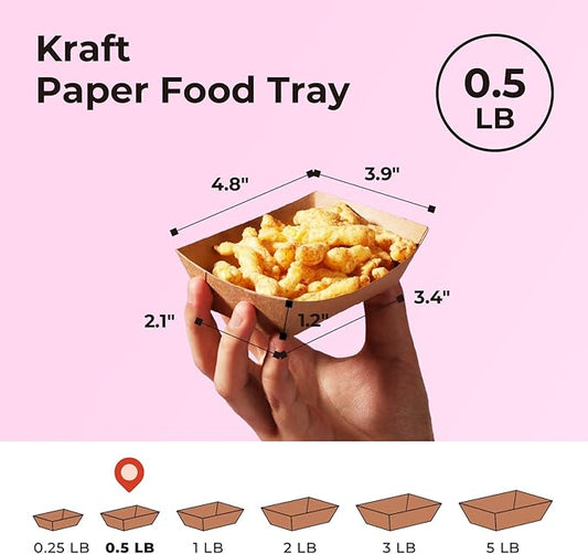 Fit Meal Prep [250 Pack 0.5 lb Paper Food Boats Heavy Duty Disposable Food Trays, Kraft Brown Nacho Tray for Parties Fairs Picnics Carnivals, Holds Sause Candies Nut Grease Resistant