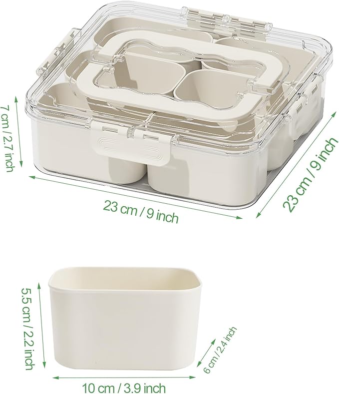 Divided Serving Tray with Lid and Handle, Portable Snack Box Container, 6 Compartments Veggie Fruit Snackle Tray, Charcuterie Platter Box Container for Party, Nuts, Snacks, Entertaining, Picnic,2 Pack