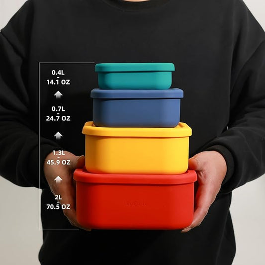 Silicone Food Storage Containers with Lids Set 4 Sizes and Silicone Containers,For Freezing, Bento Boxes, Snack Boxes,Freezer preservation Leak Proof