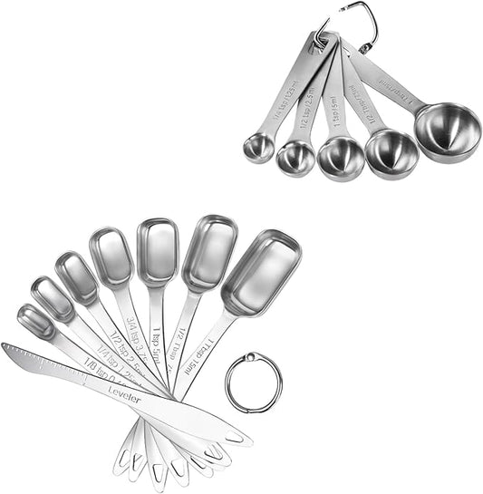 18/8 Stainless Steel Measuring Spoons Set for Dry and Liquid Ingredients Set of 5, and 18/8 Stainless Steel Square Measuring Spoons Set of 8