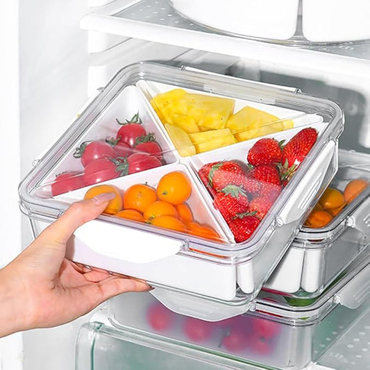 Veggie Tray With Lid for Fridge Organizer Bins Divided Snackle Box Container with 4 Compartments for Party Serving Platter, Fruit Tray with dip, Snack Storage, Reusable Meal Prep