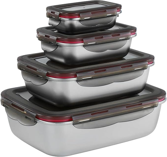 4PCS Stainless steel Food Storage Container with lids - Leakproof & Airtight for Kitchen,Meal Prep Lunch Box, Stackable Leftover Containers for Freezer Oven Safe 220ml/600ml/1500ml/2900ml