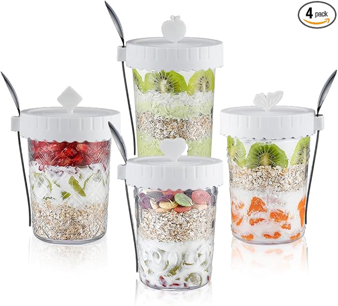 4 Pack Glass Yogurt Parfait Jars with Lids and Spoons, 100% Leak Proof Mason Jars, 20 oz Meal Prep Containers Reusable, Glass Jars for Overnight OatsYogurtSoupSnackParfait - White