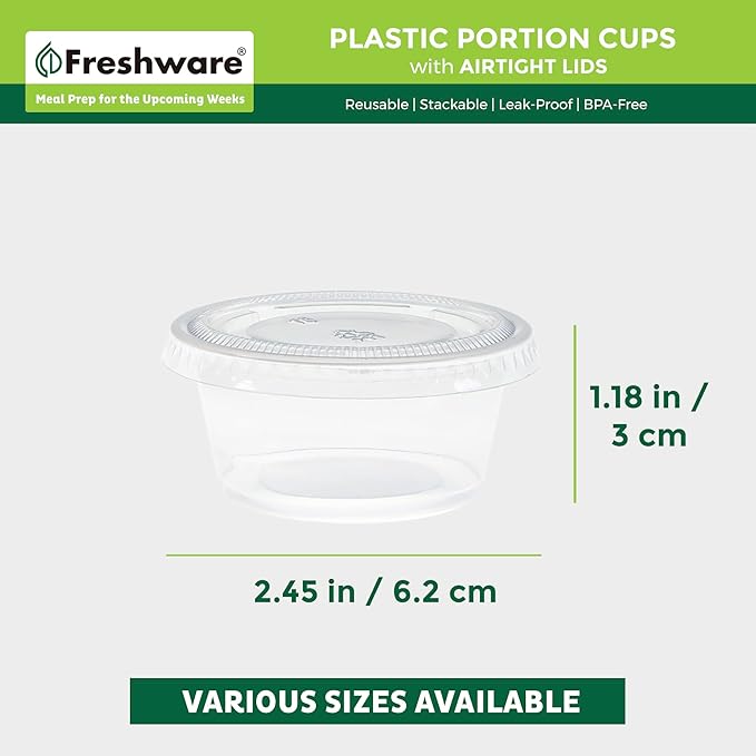 Freshware Plastic Portion Cups with Lids [2 Ounce, 100 Sets] Disposable Plastic Cups for Meal Prep, Salad Dressing, Jellos Shot Cups, Souffle Cups, Condiment and Dipping Sauce Cups