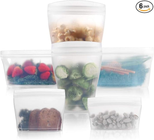 Reusable food container silicone bag, Full Set 6, 2 Cups, 2 Dishes, 2 Bags Zip Containers Storage, 100% Silicone Reusable Food Bag, Stand Up Preservation Bag, Rounded interior for easy cleaning.