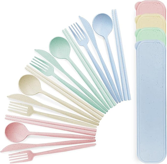 4 Sets Reusable Travel Utensils Set with Case, TWUTGAYW Portable Camping Utensil Set, BPA Free Spoon Knife Fork Chopsticks Tableware for Kids, Plastic Cutlery Set for Lunch Picnic Daily Use(4 Colors)