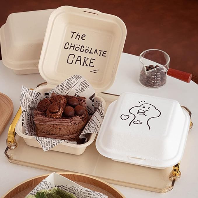 50 Pack hand-painted Bento Cake Box 6x6 To Go Containers Compostable Clamshell Take Out Food Containers (white)