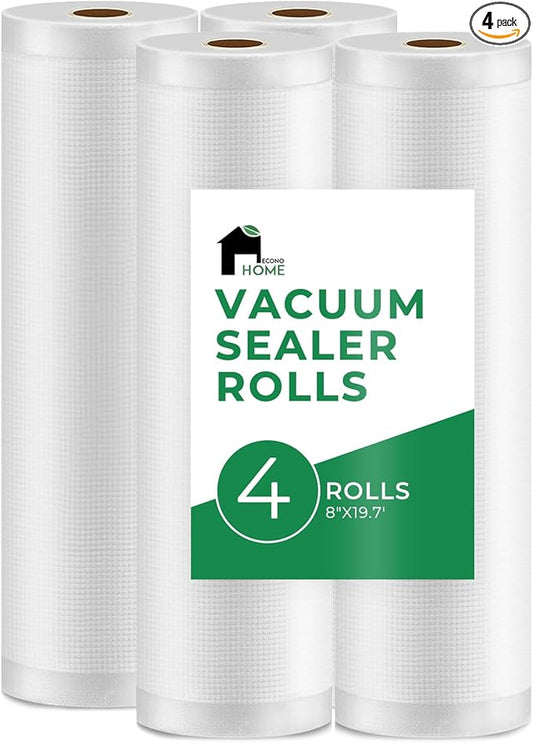EconoHome Heavy Duty Vacuum Seal Bags for Food - Commercial-Grade, Airtight & Leakproof Plastic Vacuum Storage Bags for Sous Vide, Meal Preparation, Processing & Dry Aging Meat - 8"x20' Roll, 4 Pack