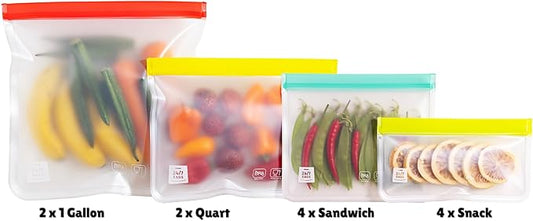 12 Pack Variety Reusable Food Storage Bags, Food Grade Silicone PEVA Material, Double Zipper, Freezer Safe, BPA-Free (4 Snack, 4 Sandwich, 2 Quart, 2 Gallon)