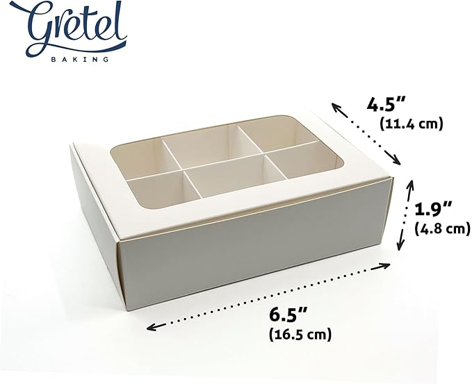 Treat boxes with window and dividers | 6 SMALL compartments | 6.5 x 4.5 x 1.9 in | Chocolate covered strawberries supplies, macaron boxes, baked goods packaging | 20-pack (White)