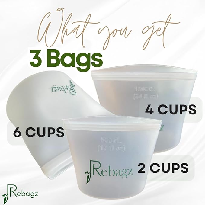 Reusable Silicone Food Storage Bags (3-pack) – Leakproof, Freezer & Microwave Safe, Stand-Up Design – Eco-Friendly, BPA Free Containers for Meal Prep & Storage