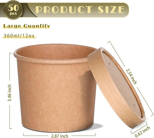 12oz Soup Containers with Vented Lids, Disposable Ice Cream Cups Kraft Paper Soup Bowls Paper Food Storage Containers, Microwavable and Freezer Safe for Hot and Cold Use (50 Pcs - Kraft, 12 oz)