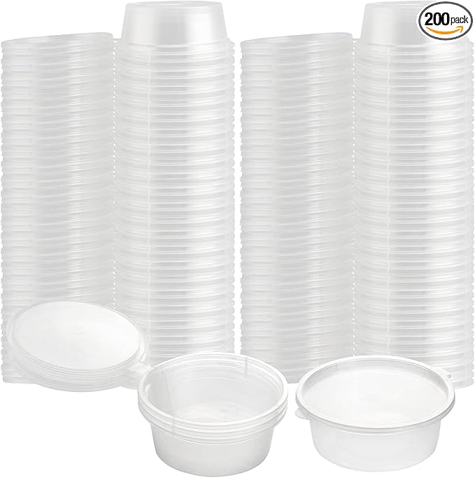SEUNMUK 200 Pack 4 OZ Leak Proof Plastic Condiment Souffle Containers with Attached Lids, Plastic Portion Cups with LidsPlastic, Sauce Cups for Salad Dressing, Spices