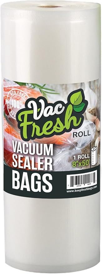 Vac Fresh Food Vacuum Sealer Rolls (8" x 50', 1 Roll), 3.5mil VF850 Embossed Food Storage Bags, Vacuum Seal Bags for Meal Prep, Sous Vide Bags for Cooking (50 Feet)