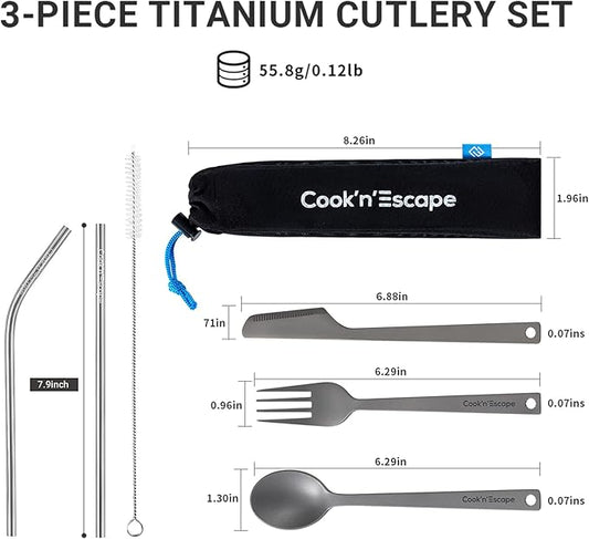 COOK'N'ESCAPE Titanium Camping Cooking Utensils, Lightweight Spoon Fork Knife Combo Flatware+Reusable Titanium Straw Set with Cleaning Brush for Kitchen Travel Picnic Hiking Backpacking Outdoors