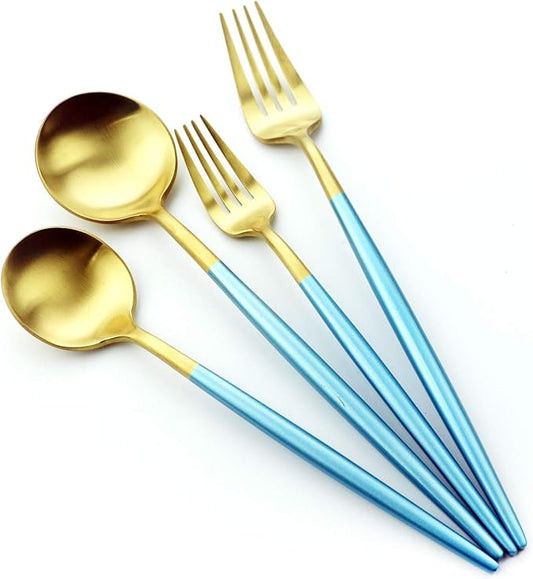 20 Pieces Matte Gold Blue Handle 18/10 Stainless Steel Silverware Set, Flatware Set Titanium Black Cutlery Set, Utensils Set for Home Restaurant Service Set for 4, Dishwasher Safe (Blue Gold)