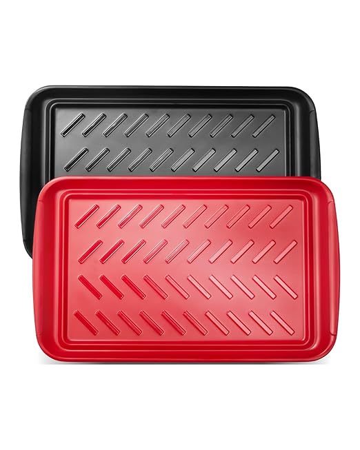 VEVOR Plastic Serving Trays, 2-Pack Grilling Prep and Serve Trays with Handles, 17x10.35 Inch Anti-Slip Melamine Food Tray, Ideal for BBQ, Kitchen, Cafeteria, Ottoman, Coffee Table, Black and Red