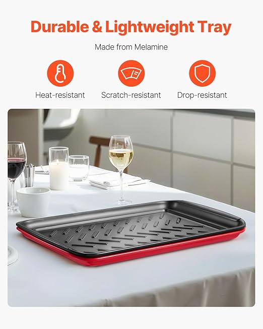 VEVOR Plastic Serving Trays, 2-Pack Grilling Prep and Serve Trays with Handles, 17x10.35 Inch Anti-Slip Melamine Food Tray, Ideal for BBQ, Kitchen, Cafeteria, Ottoman, Coffee Table, Black and Red