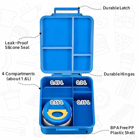 MAISON HUIS Bento Lunch Box for Kids With 8oz Soup Thermo, Leakproof Lunch Compartment Containers with 4 Compartment Bento Box, Thermo Food Jar and Lunch Bag, BPA Free,Travel, School(Alien in Space)