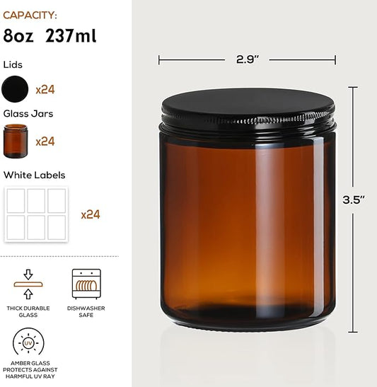 24 Pack 8oz Amber Glass Jars with Black Lids - For Candle Making, Food Storage, Canning, Spices, Liquids - Leakproof & Dishwasher Safe