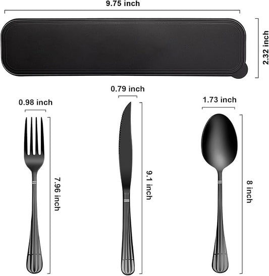 Portable Utensils Set With Case - 18/8 Stainless Steel Spoon and Fork Set for Travel, Camping, Office, Lunch Box - 3 PCs Steak Knife Included - Dishwasher Safe