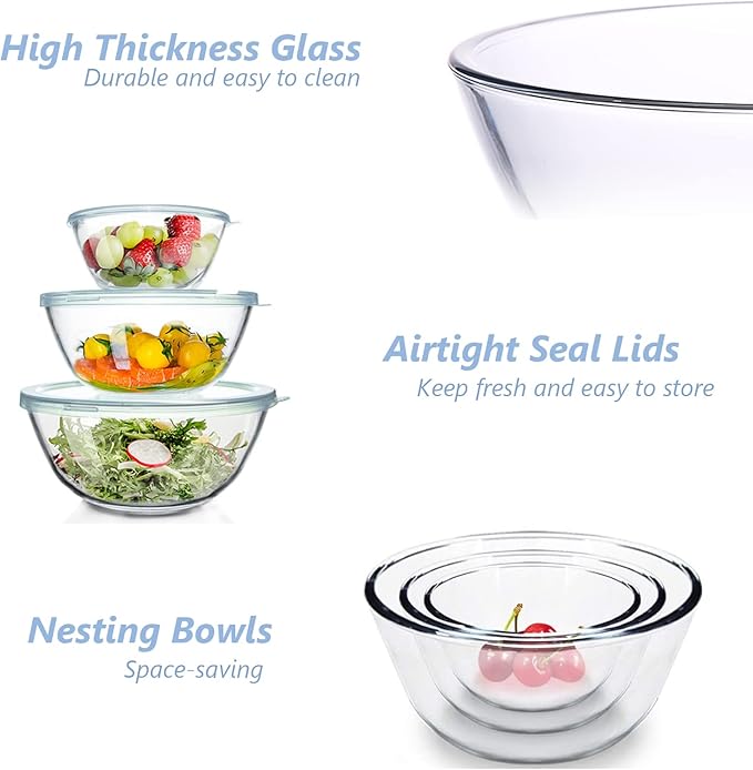 Glass Mixing Bowls with Lids Set of 3（4.5QT,2.7QT, 1.1QT, Large Kitchen Salad Bowls, Space-Saving Nesting Bowls, Round Glass Serving Bowls for Cooking,Baking,Prepping,Dishwasher Safe