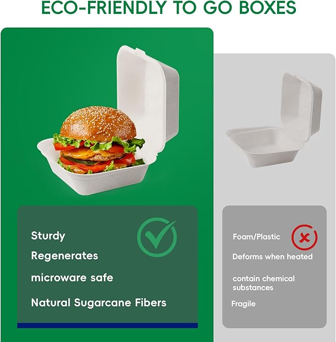 JOLLY CHEF Clamshell To Go Containers, 6" x 6" 200-Pack, Sugarcane To Go Boxes for Salad, Lunch