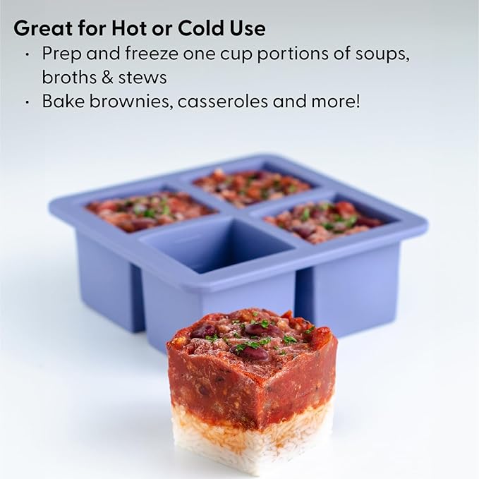 W&P Cup Cubes Silicone Freezer Tray with Lid, Charcoal, Makes 4 Perfect 1-Cup Portions, Freeze & Store Soup, Broth, Sauce, Leftovers, Dishwasher Safe, 4-Cup