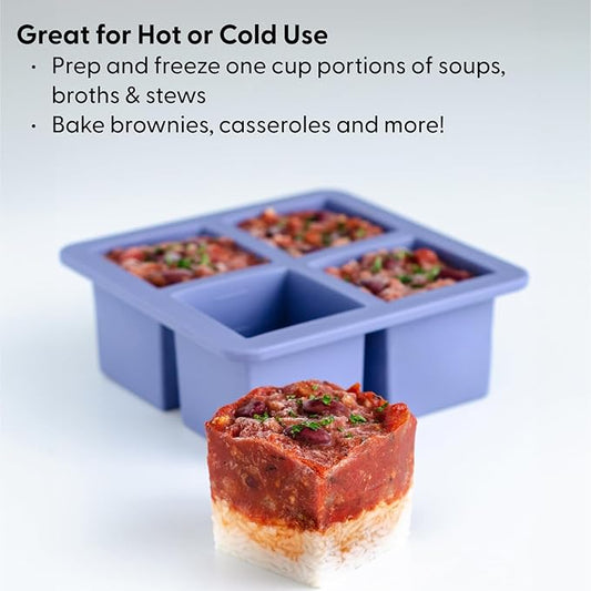 W&P Cup Cubes Silicone Freezer Tray with Lid, Charcoal, Makes 4 Perfect 1-Cup Portions, Freeze & Store Soup, Broth, Sauce, Leftovers, Dishwasher Safe, 4-Cup