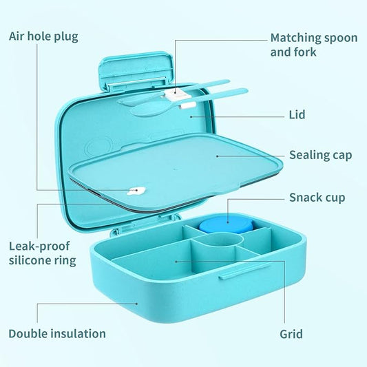 Bento Lunch Box with Kids/Adults, 5 Compartments Leakproof Lunch Container with Dressing Cup, Eco-Friendly Double Insulated Boxes, Dishwasher and Microwave Safe, BPA-Free (blue)