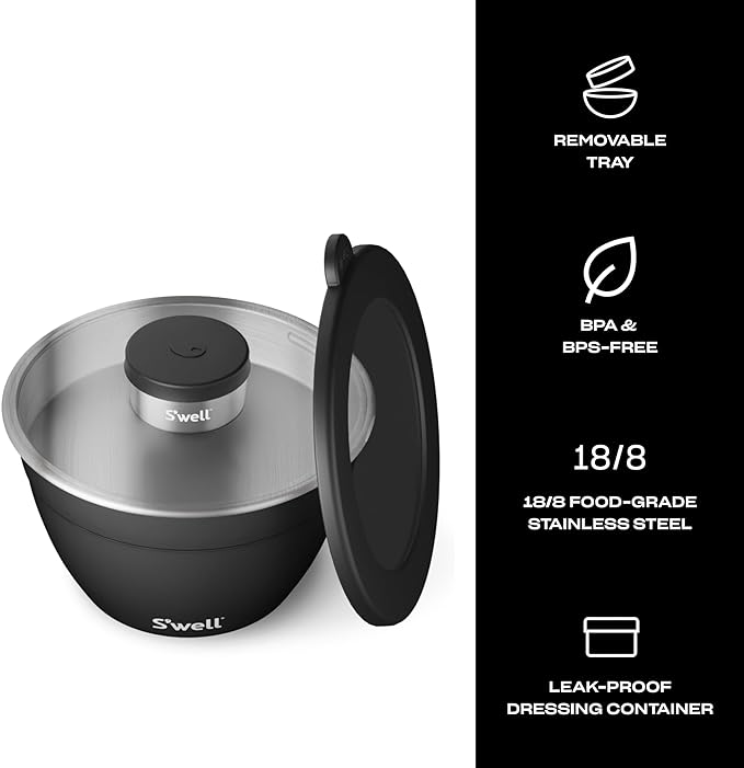 S'well Stainless Steel Salad Bowl Kit - 64oz, Onyx - Comes with 2oz Condiment Container and Removable Tray for Organization - Leak-Proof, Easy to Clean, Dishwasher Safe