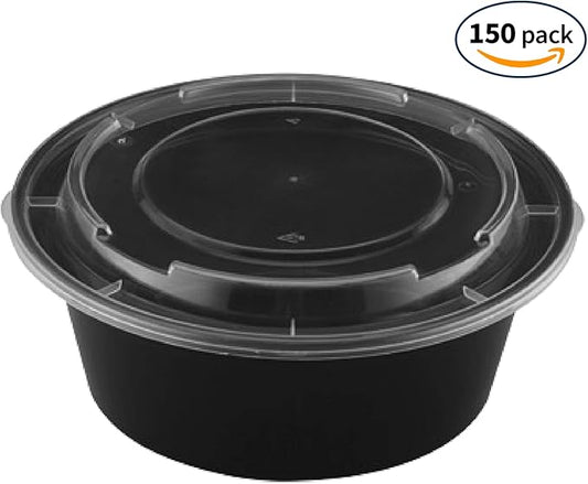 TIYA Takeout Food Containers – 40 oz Bulk 150 Pack with Lids – Plastic Food Storage To-Go Round Bowls – Reusable, Microwavable, Dishwasher Safe – Leak-Proof and Great for Meal Prep – BPA-Free