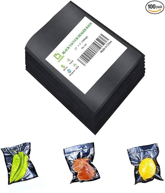 CANLENPK 2.7×4 Inch/7x10cm Mini Vacuum Sealer Bags,Small Precut Food Storage Bag,Seal Meal Snack Fruit Nut,Boil Steam Heat Freeze,Commercial Grade Heavy Duty Sealable Bags(100PCS,Black Back)