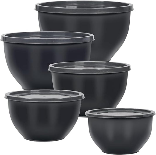 5-Piece Plastic Mixing Bowls with Lids Set for Kitchen, Nesting Bowls for Mixing, Baking, Prepping, Cooking and Serving Food, Grey Mixing Bowls Dishwasher, Microwave Safe