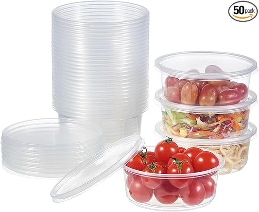 [50 Set - 8 oz. Plastic Deli Food Storage Containers With Lids Disposable Clear Small Togo Containers (Formerly FULING)