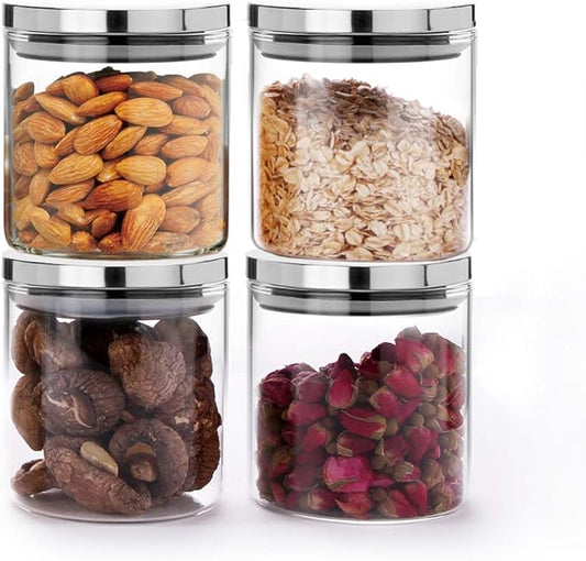 SIXAQUAE Glass Food Storage Containers Jar Stainless Steel Lids 4 Packs 600ml Airtight Canister Organization Sets Stackable