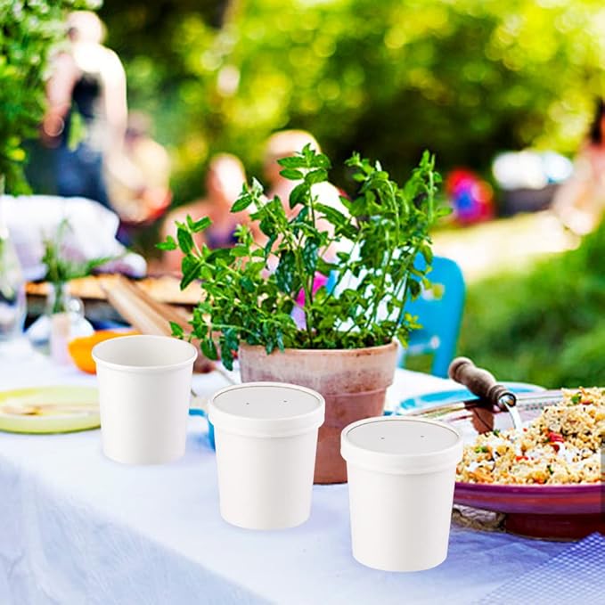 16 oz 25 Pcs Paper Soup Cups with Lids, Disposable Soup Cups, Ice Cream Containers, White Disposable Soup Containers White for Hot or Cold Soup