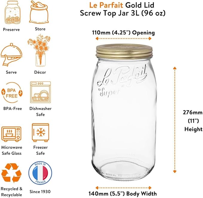 Le Parfait Screw Top Jar Wide Mouth French Glass Jar | Ideal for Food and Soup Storage, Canning, Flour, Brown Sugar, and other Baking Supplies (3L/96oz, Single, Gold)