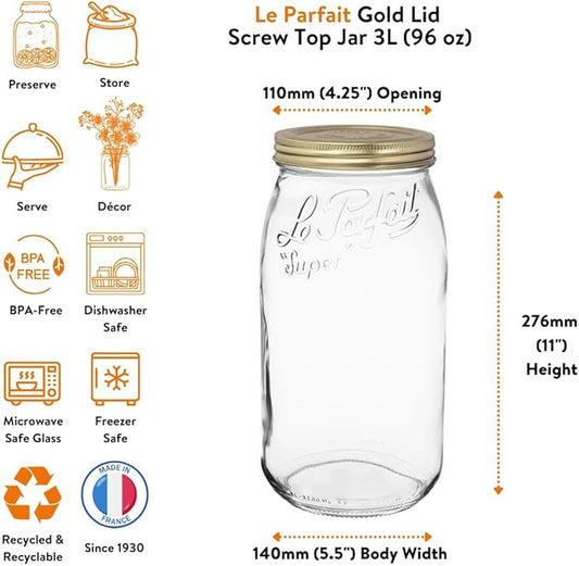 Le Parfait Screw Top Jar Wide Mouth French Glass Jar | Ideal for Food and Soup Storage, Canning, Flour, Brown Sugar, and other Baking Supplies (3L/96oz, Single, Gold)