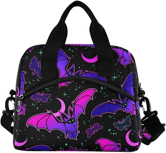 MNSRUU Insulated Lunch Bag - Purple Bat Gothic Lunch Box with Adjustable Shoulder Strap - Reusable, Leakproof Cooler Bag for Work, School