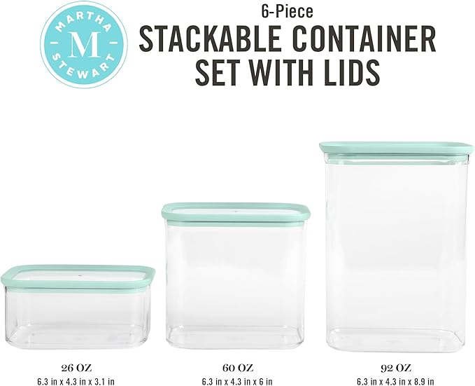 Martha Stewart Langstaff 6 Piece 92 oz, 60 oz, 26 oz Stackable Rectangular Container Set w/Martha Blue Lid (Pack of 2)